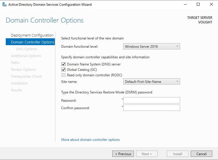 AD DS wizard Domain Controller Options tab showing Windows Server 2016 functional level, Global Catalog checked, and DSRM password entered